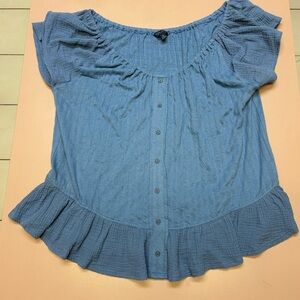 (M) Lucky Brand Blue Short Sleeve Blouse Button-Down Shirt
